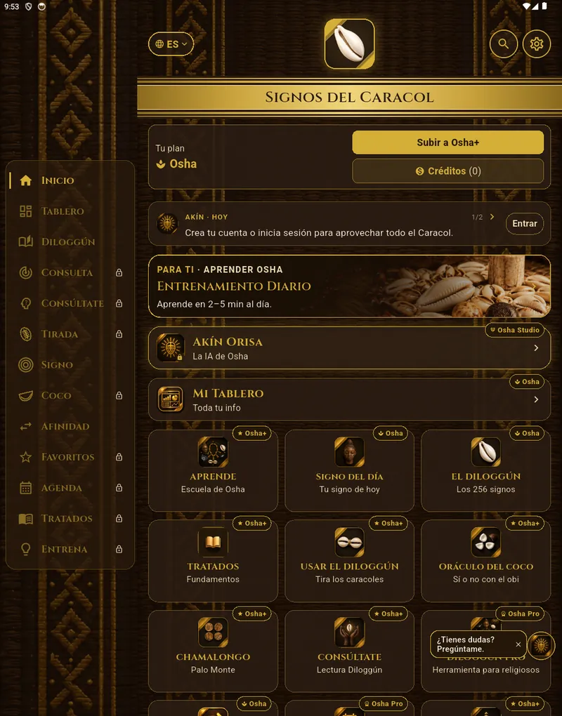 “Home” screen of Signos del Caracol on iPad