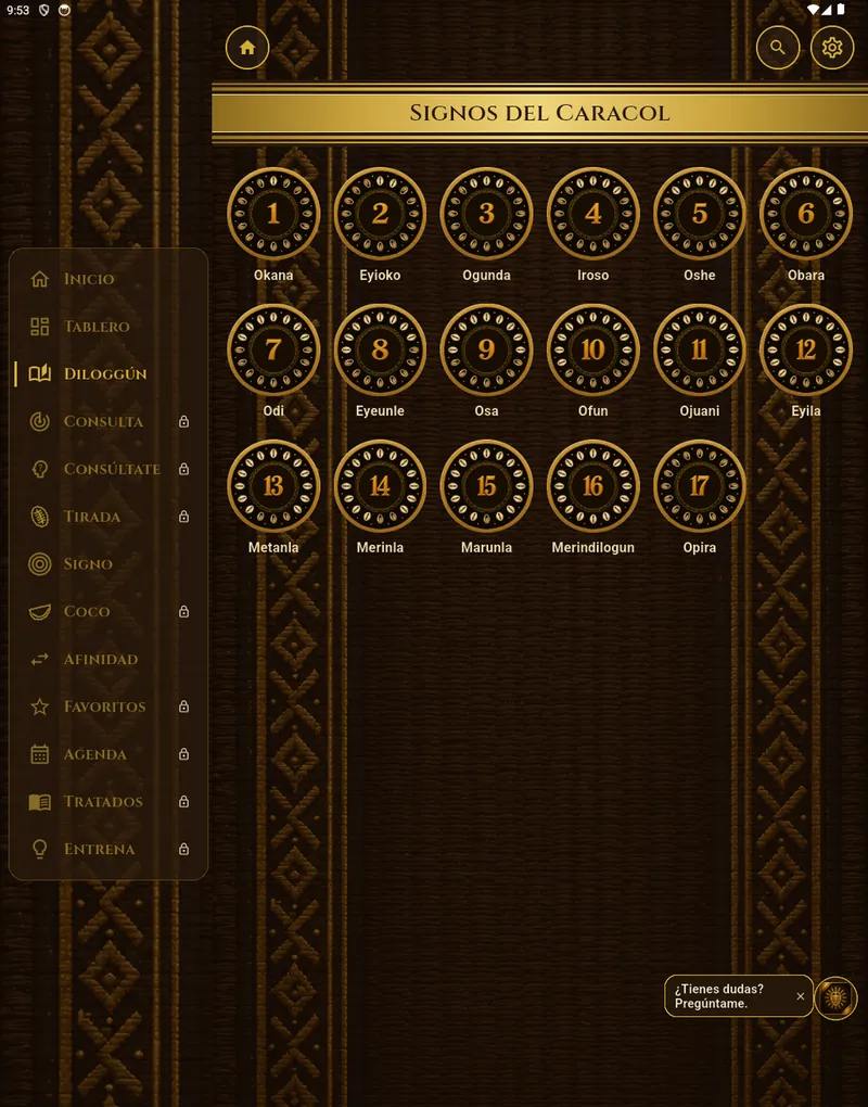 “The diloggún” screen of Signos del Caracol on iPad