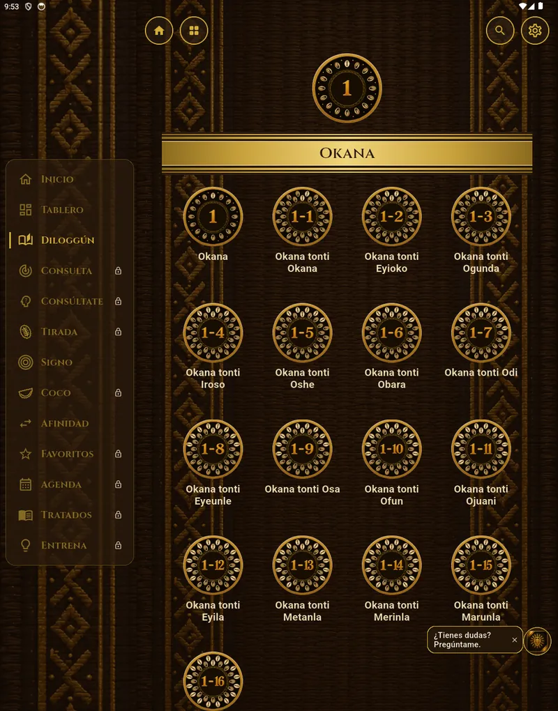 “Okana family” screen of Signos del Caracol on iPad