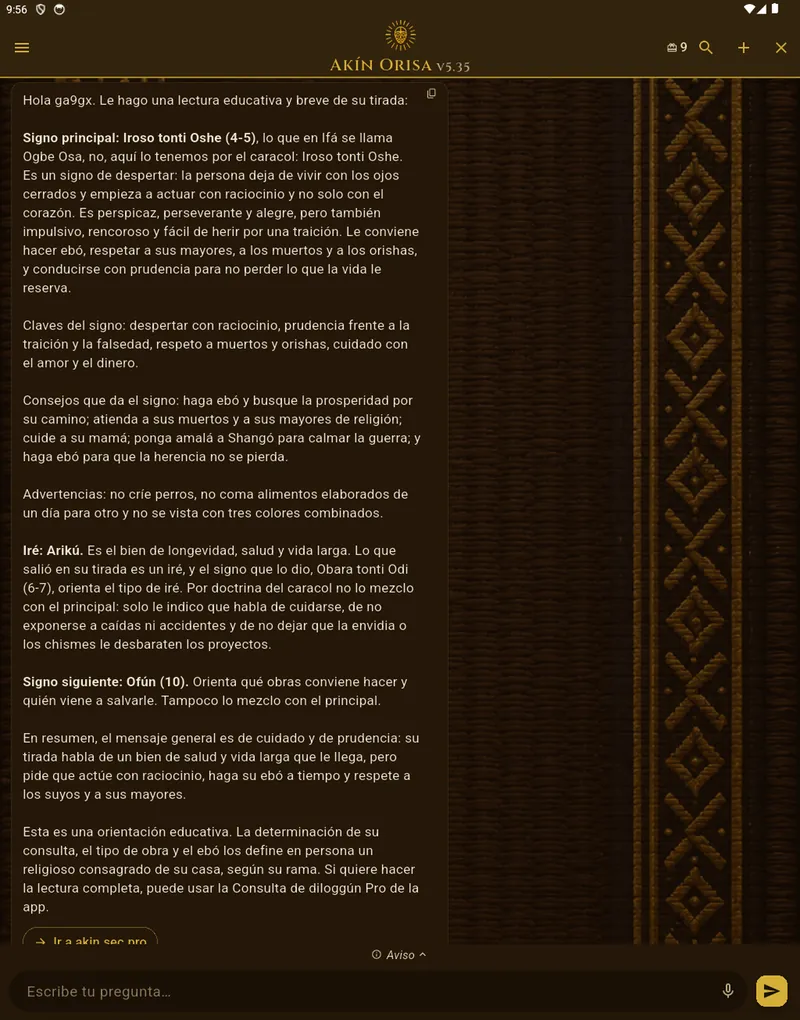 “Akín reads your throw” screen of Signos del Caracol on iPad