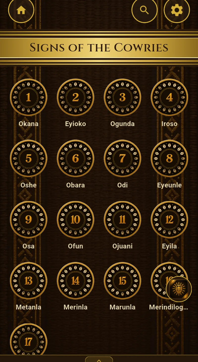 “The diloggún” screen of Signos del Caracol on iPad