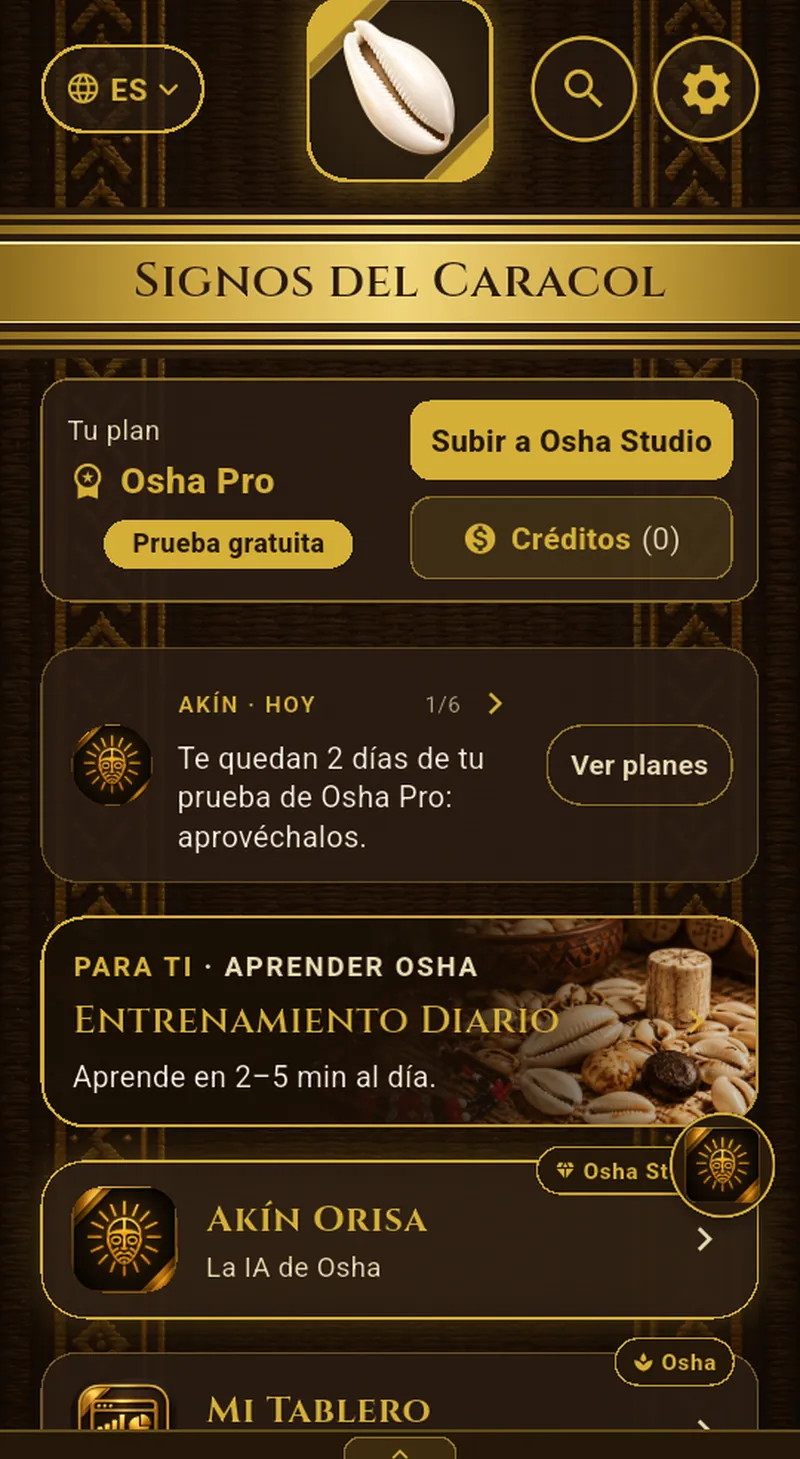 Pantalla «Inicio» de Signos del Caracol en iPad