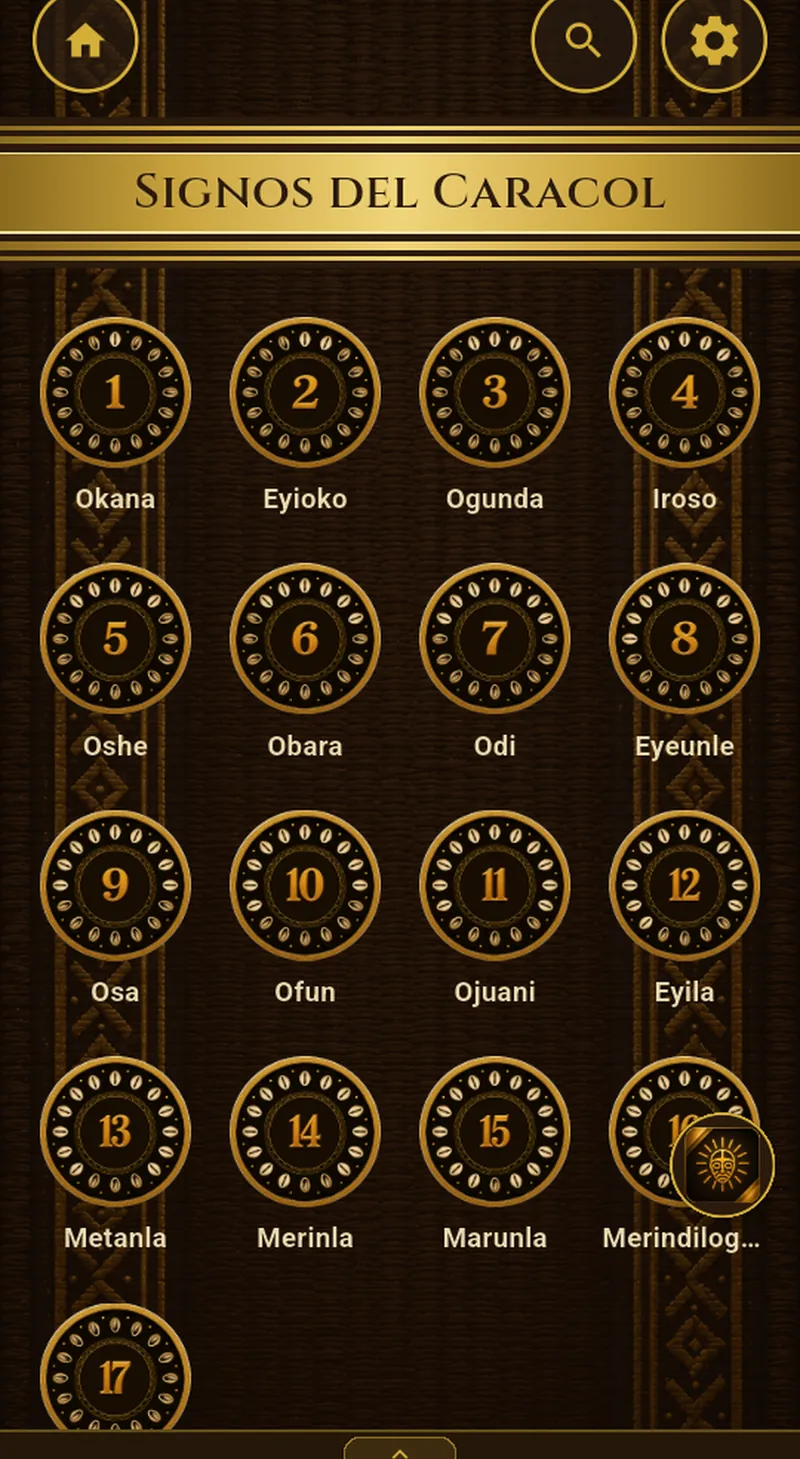 Pantalla «El diloggún» de Signos del Caracol en iPad