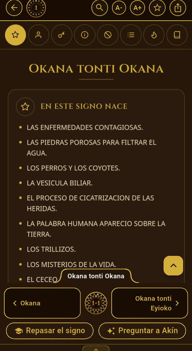 Pantalla «Ficha del signo» de Signos del Caracol en iPad