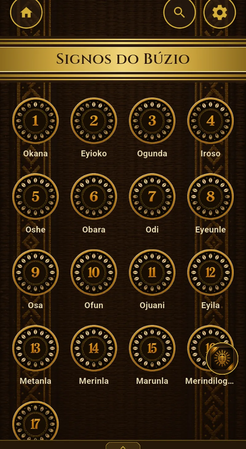 Tela «O diloggún» do Signos del Caracol no iPad