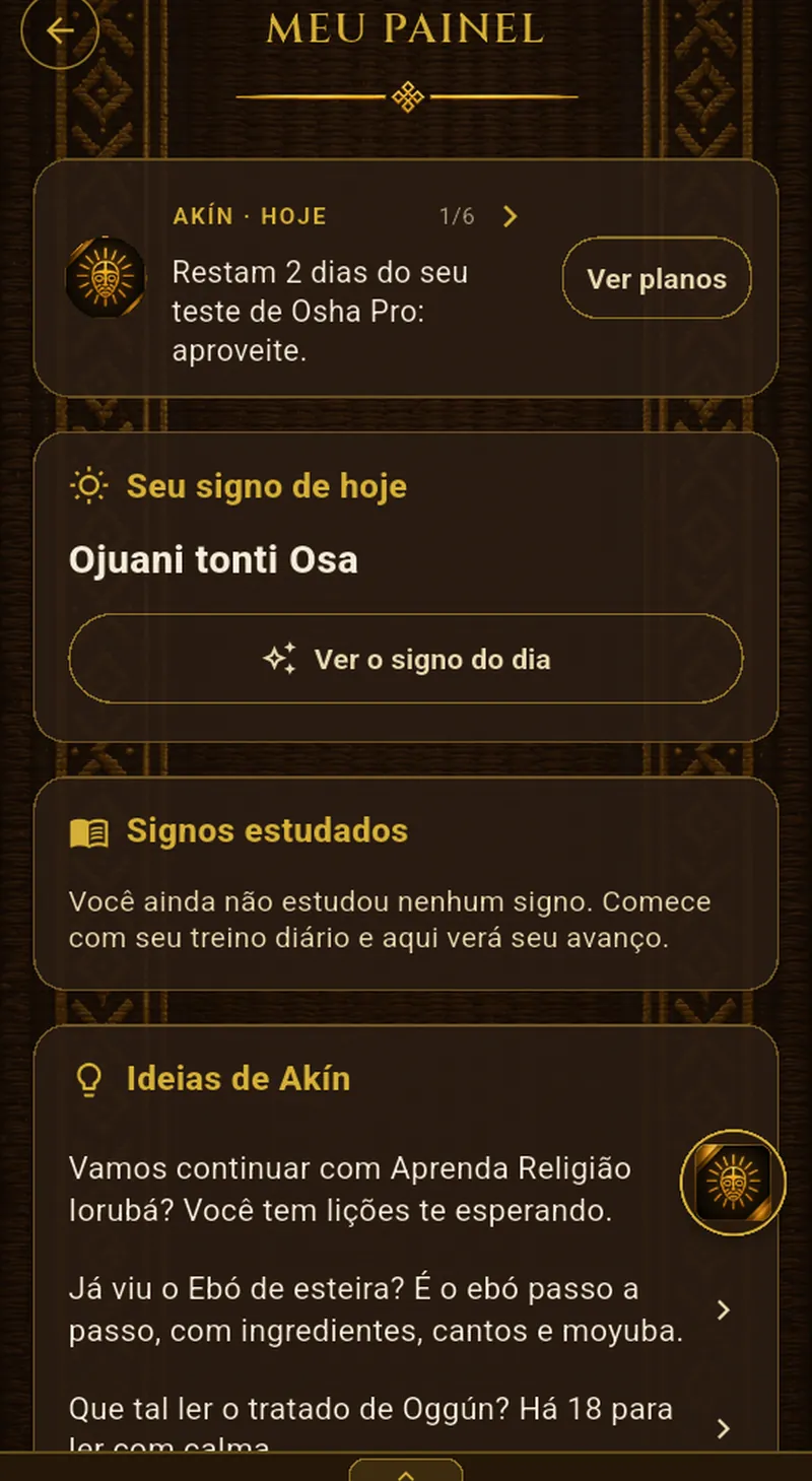 Tela «Meu painel» do Signos del Caracol no iPad